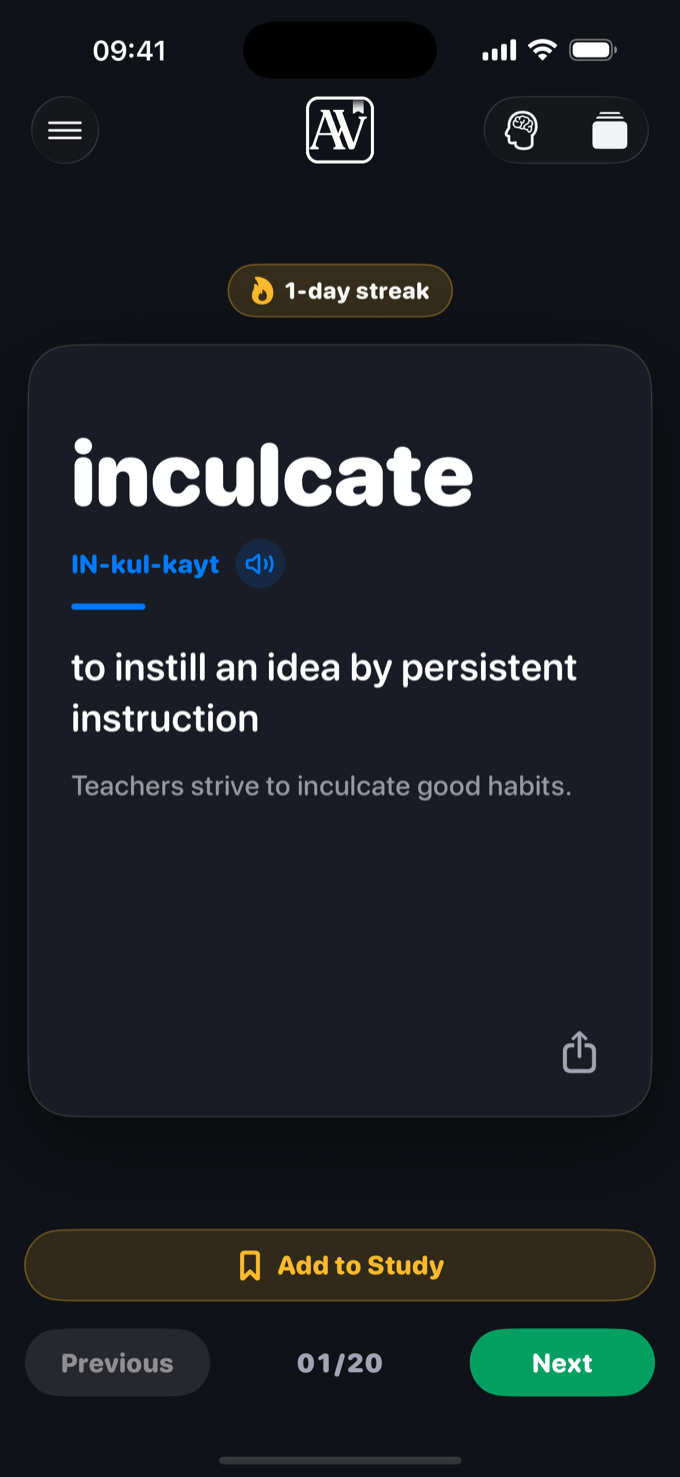 Screenshot of Advanced Word of the Day showing a daily word, definition, pronunciation, and example sentence.